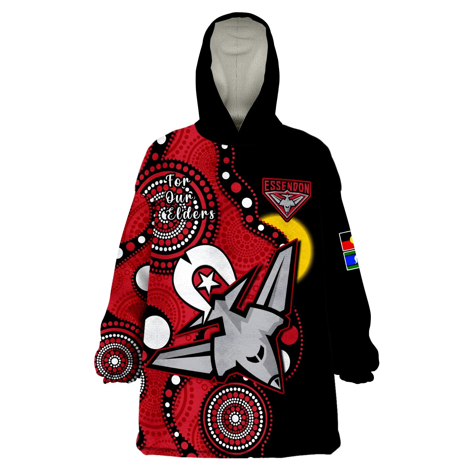 essendon-football-naidoc-2023-wearable-blanket-hoodie-bombers-for-our-elders-indigenous-art