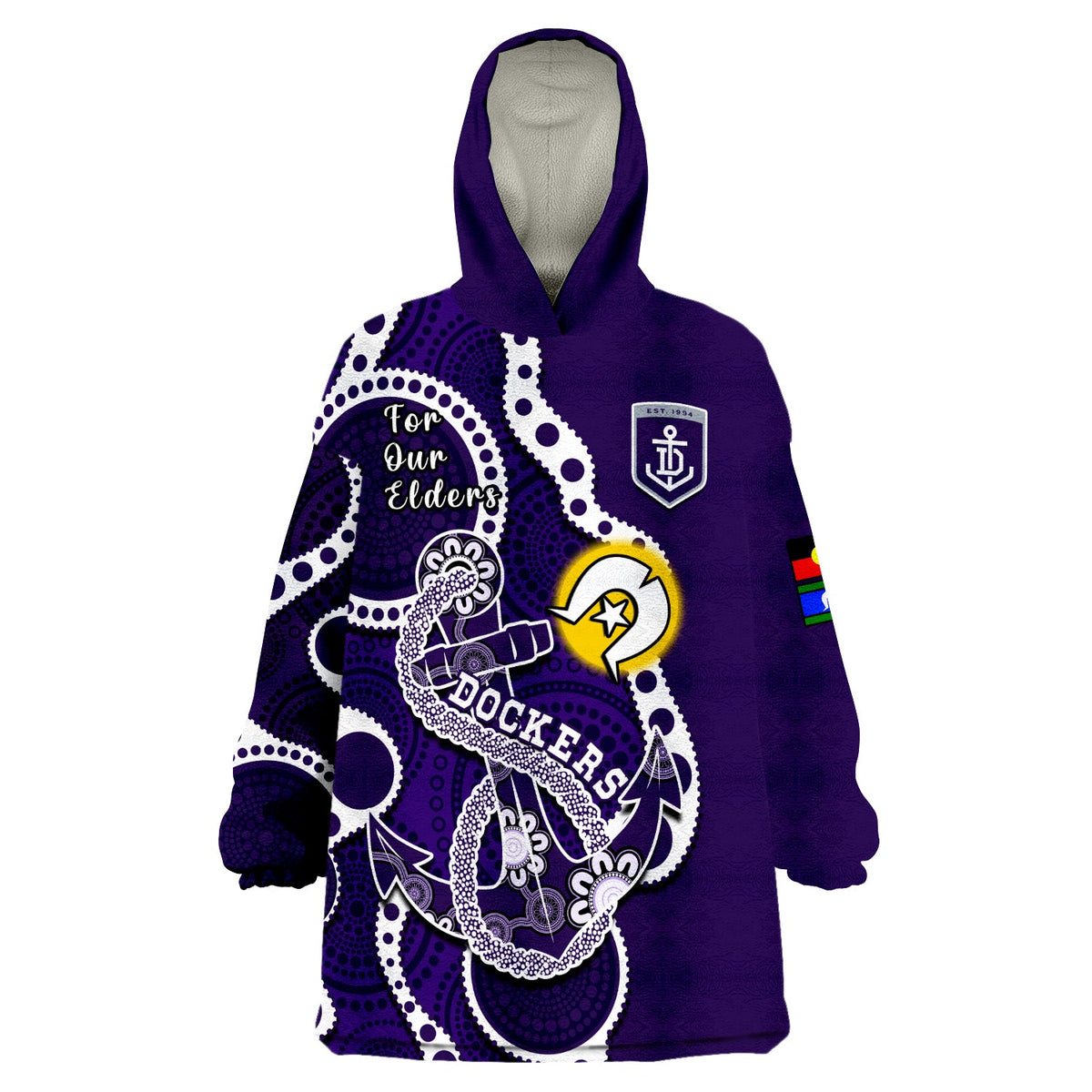 fremantle-football-naidoc-2023-wearable-blanket-hoodie-dockers-for-our-elders-indigenous-art