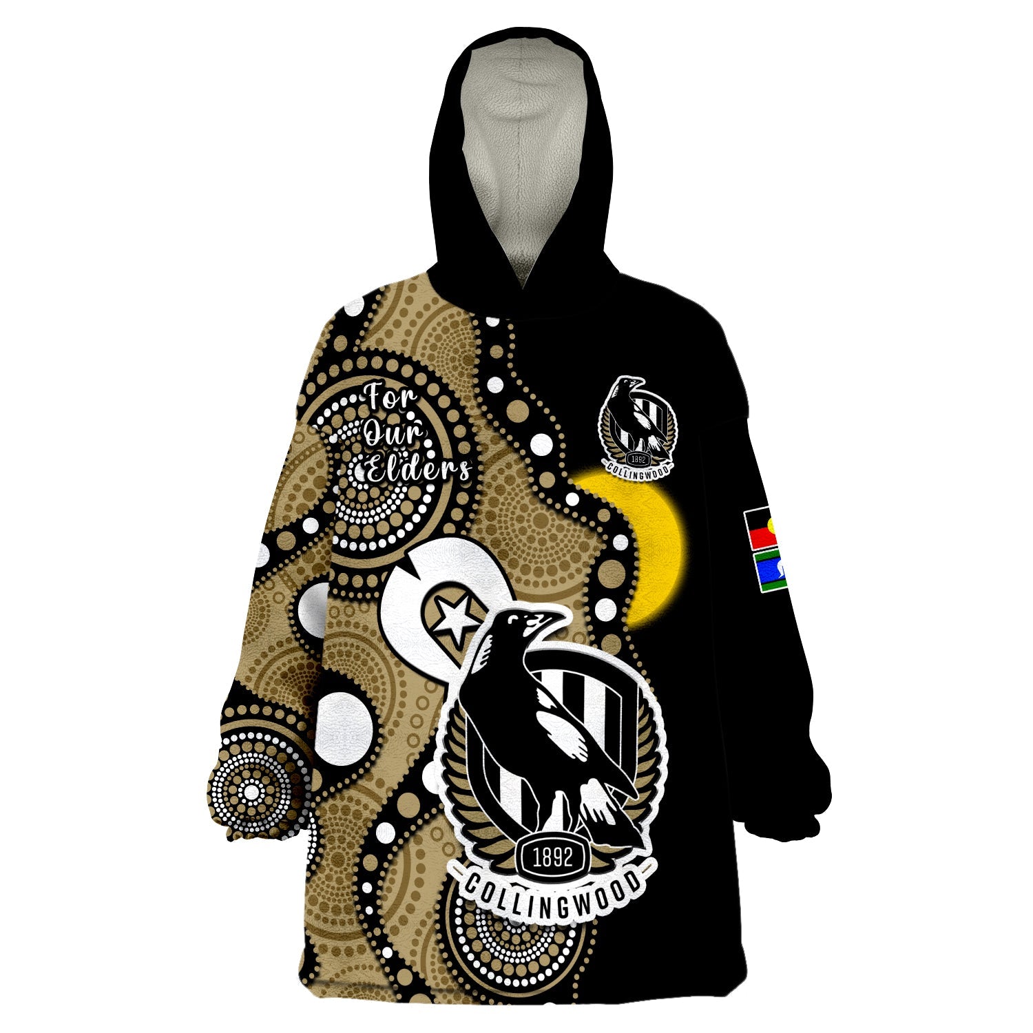 collingwood-football-naidoc-2023-wearable-blanket-hoodie-magpies-for-our-elders-indigenous-art