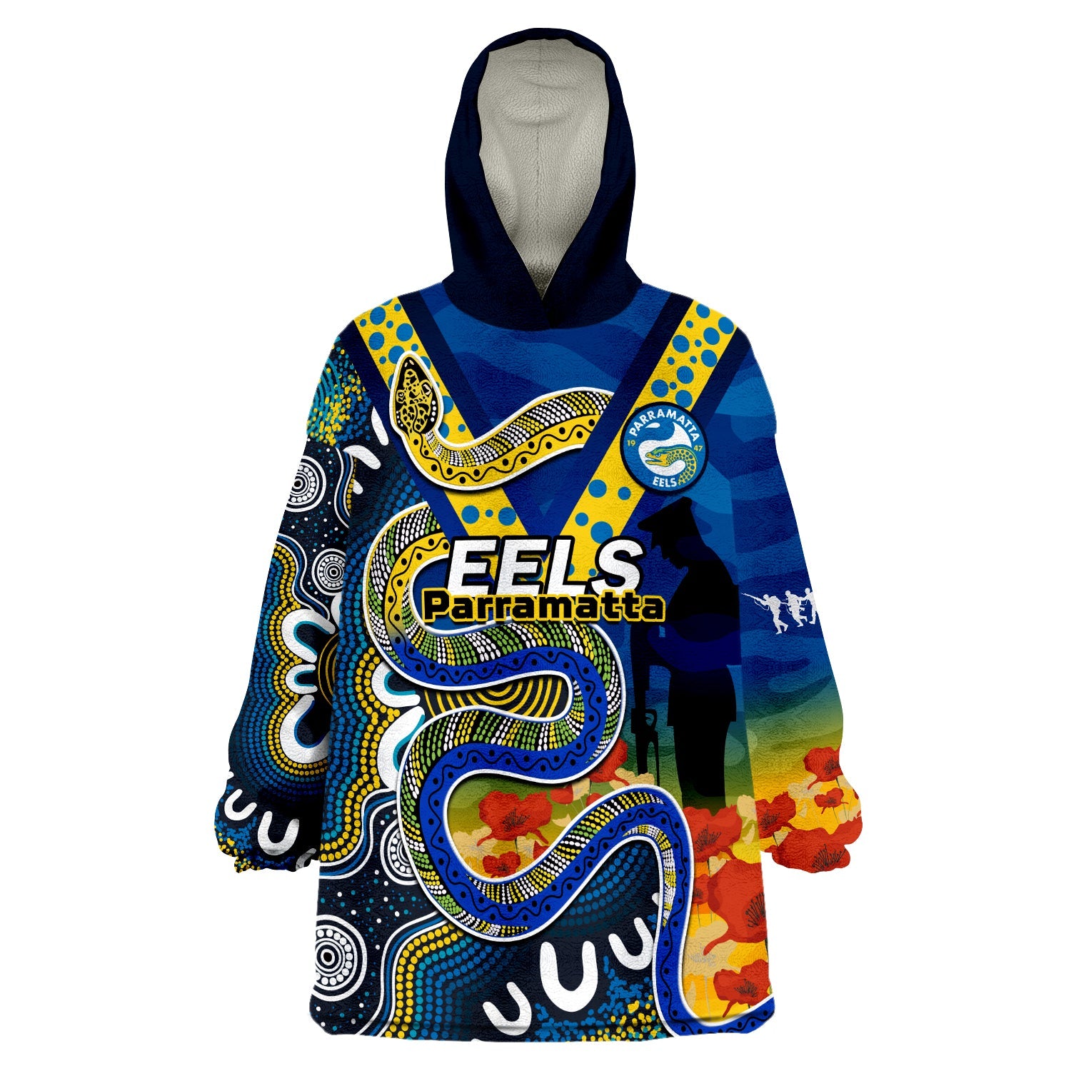 custom-text-and-number-eels-rugby-anzac-2023-wearable-blanket-hoodie-aboriginal-mix-poppy-lest-we-forget