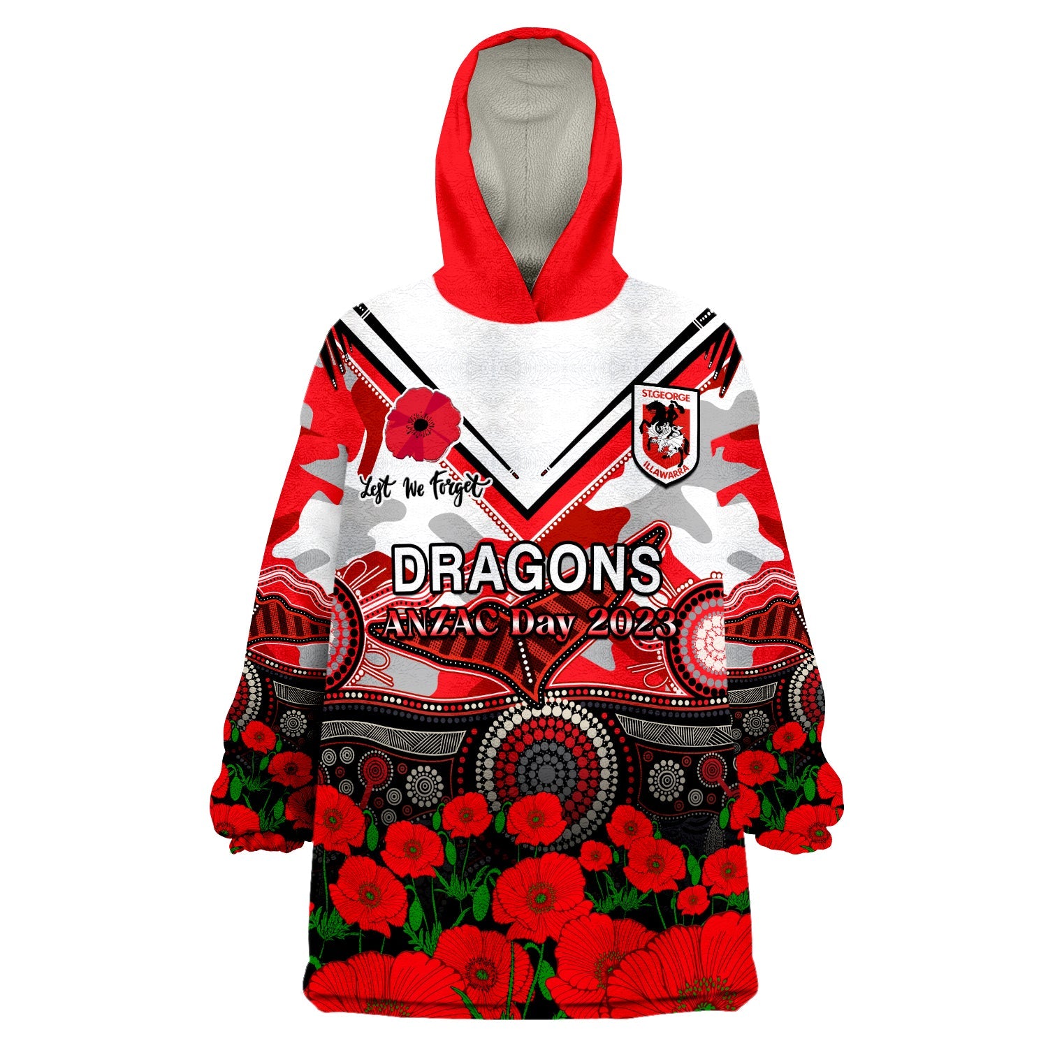custom-text-and-number-dragons-rugby-anzac-2023-wearable-blanket-hoodie-aboriginal-mix-poppy-lest-we-forget