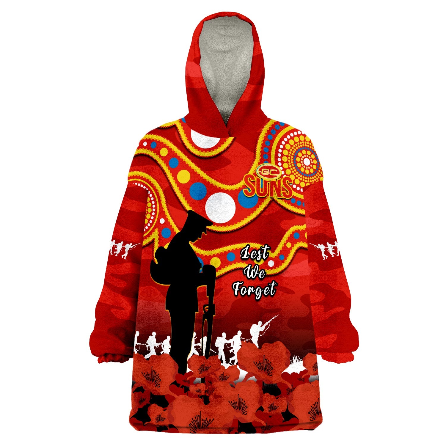 custom-text-and-number-gold-coast-football-anzac-2023-wearable-blanket-hoodie-suns-aboriginal-mix-poppy-camouflage