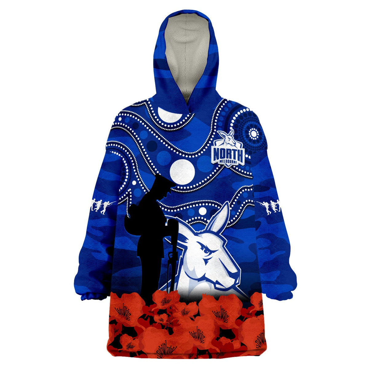 custom-text-and-number-north-melbourne-football-anzac-2023-wearable-blanket-hoodie-kangaroos-aboriginal-mix-poppy-camouflage