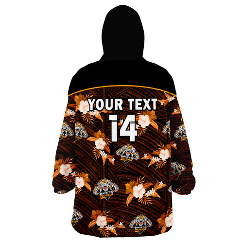 (Custom Text And Number) Wests Tigers Rugby Wearable Blanket Hoodie Polynesian Tribal Mix Tropical Hawaiian Style LT14