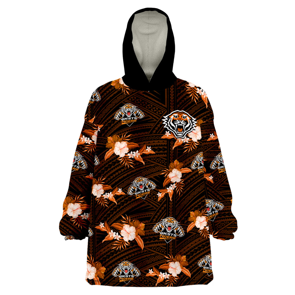 (Custom Text And Number) Wests Tigers Rugby Wearable Blanket Hoodie Polynesian Tribal Mix Tropical Hawaiian Style LT14