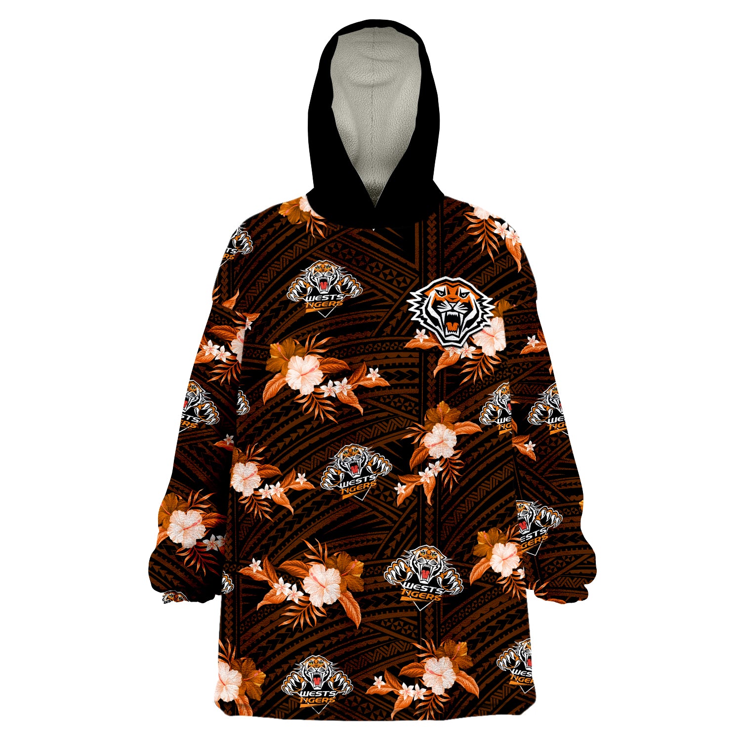 (Custom Text And Number) Wests Tigers Rugby Wearable Blanket Hoodie Polynesian Tribal Mix Tropical Hawaiian Style LT14