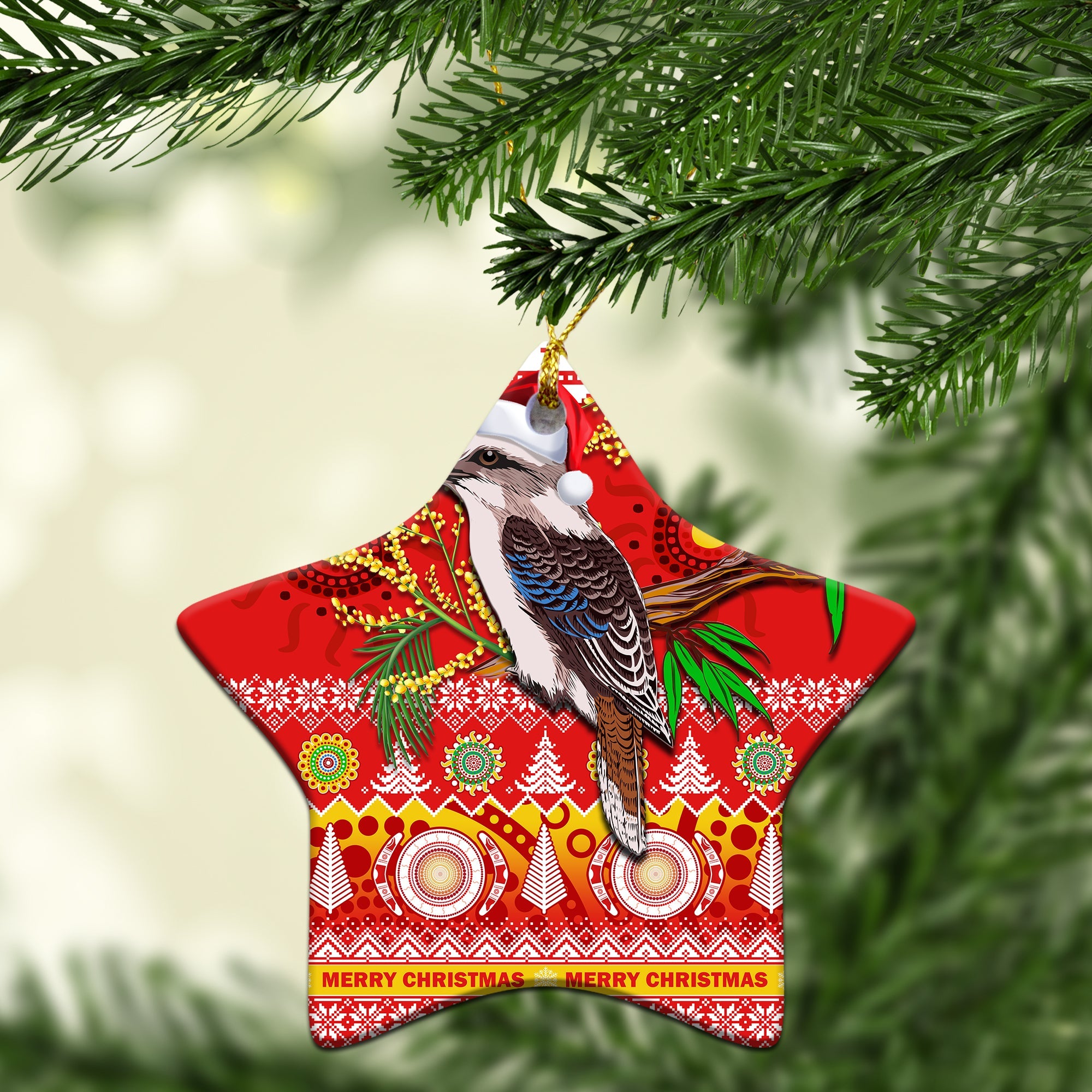 australia-chirstmas-ornaments-kookaburra-mix-golden-wattle-aboriginal-art-merry-christmas