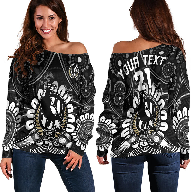 custom-personalised-magpies-football-women-off-shoulder-sweater-boomerang-indigenous-dots