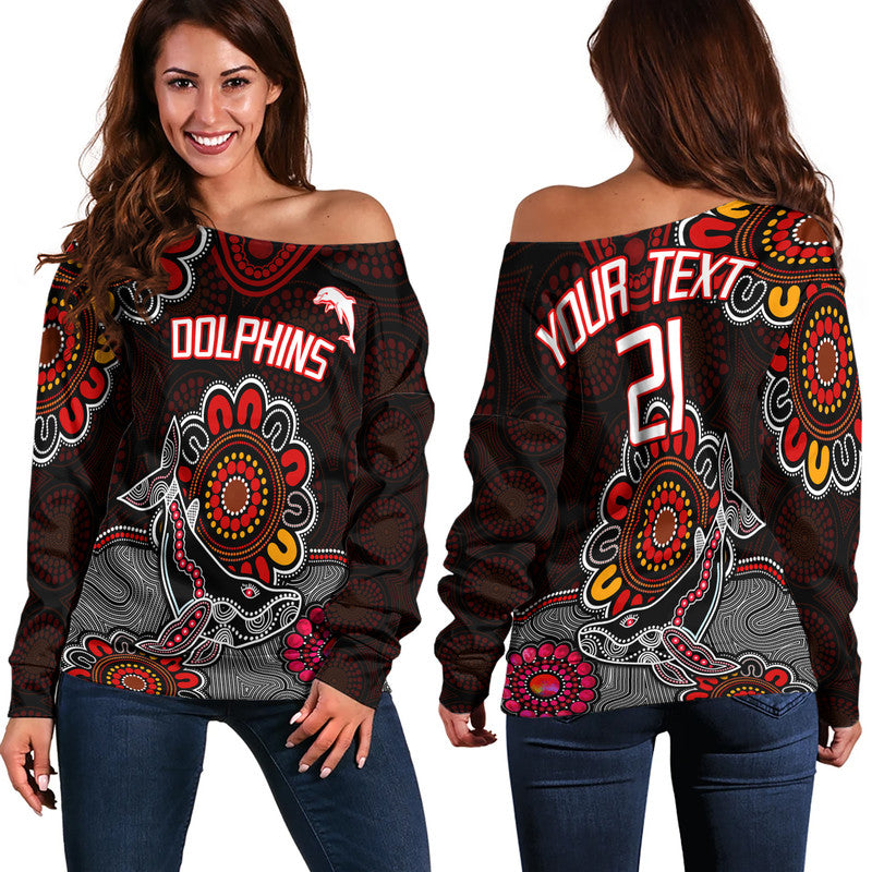 custom-personalised-dolphins-rugby-women-off-shoulder-sweater-indigenous-circles-and-waves-black