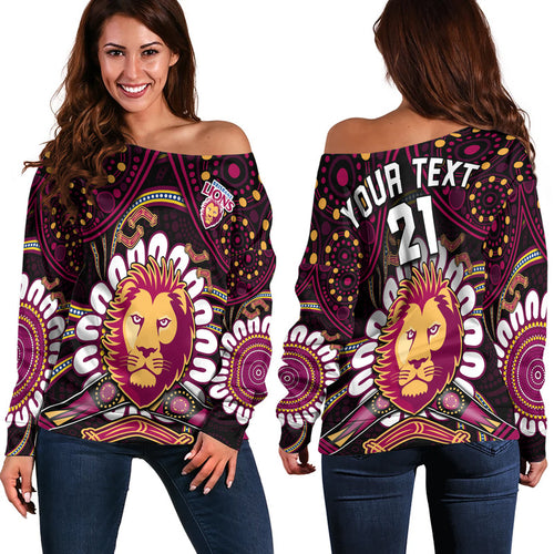 custom-personalised-brisbane-lions-football-women-off-shoulder-sweater-boomerang-indigenous-dots