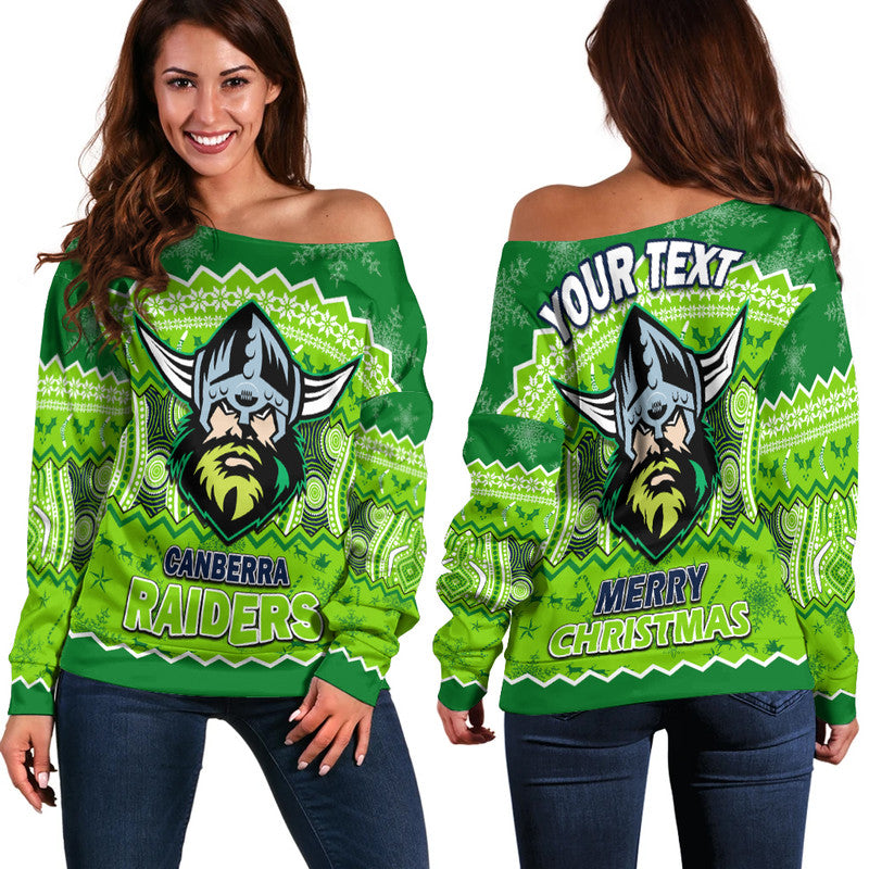 custom-personalised-canberra-the-green-machine-raiders-aboriginal-christmas-vibe-women-off-shoulder-sweater