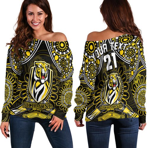 custom-personalised-richmond-tigers-football-women-off-shoulder-sweater-boomerang-indigenous-dots