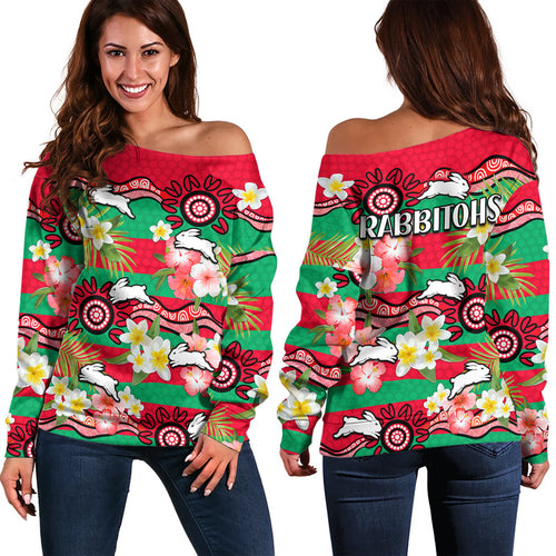 rabbitohs-rugby-women-off-shoulder-sweater-tropical-flowers-and-palm-hawaiian-style