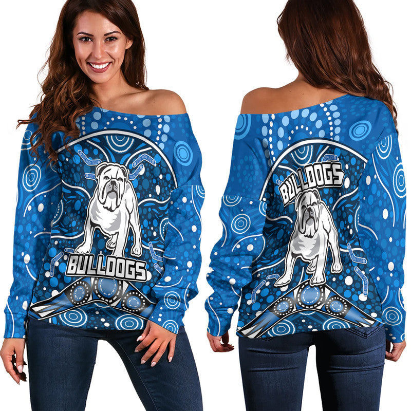 bulldogs-rugby-women-off-shoulder-sweater-boomerang-indigenous-dots