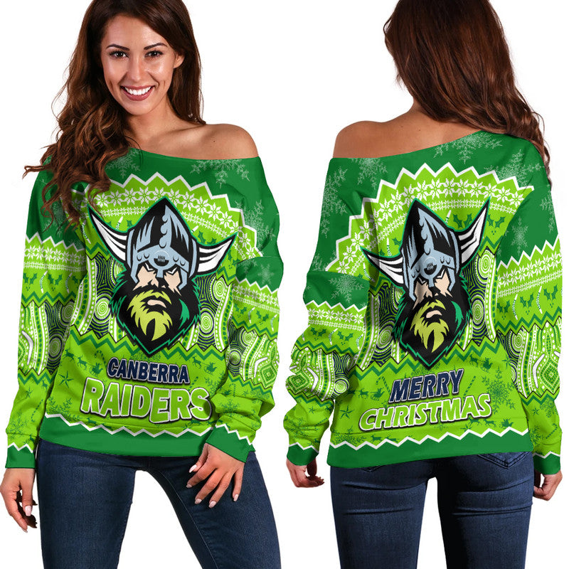 canberra-the-green-machine-raiders-aboriginal-christmas-vibe-women-off-shoulder-sweater