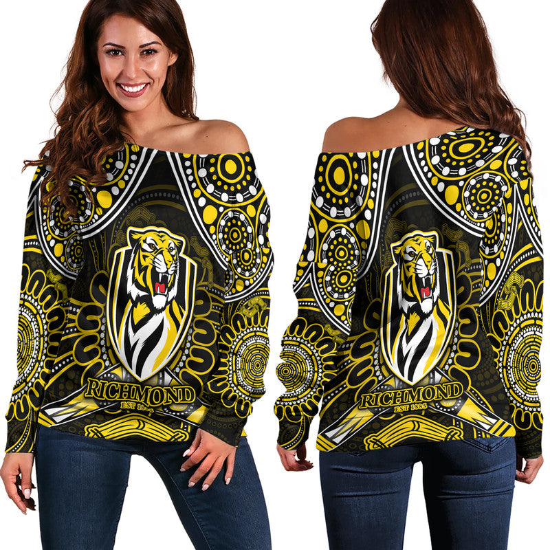 richmond-tigers-football-women-off-shoulder-sweater-boomerang-indigenous-dots