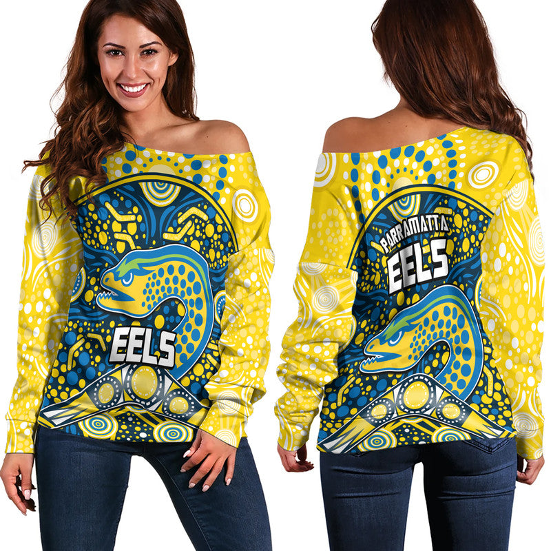 parramatta-eels-rugby-women-off-shoulder-sweater-boomerang-indigenous-dots