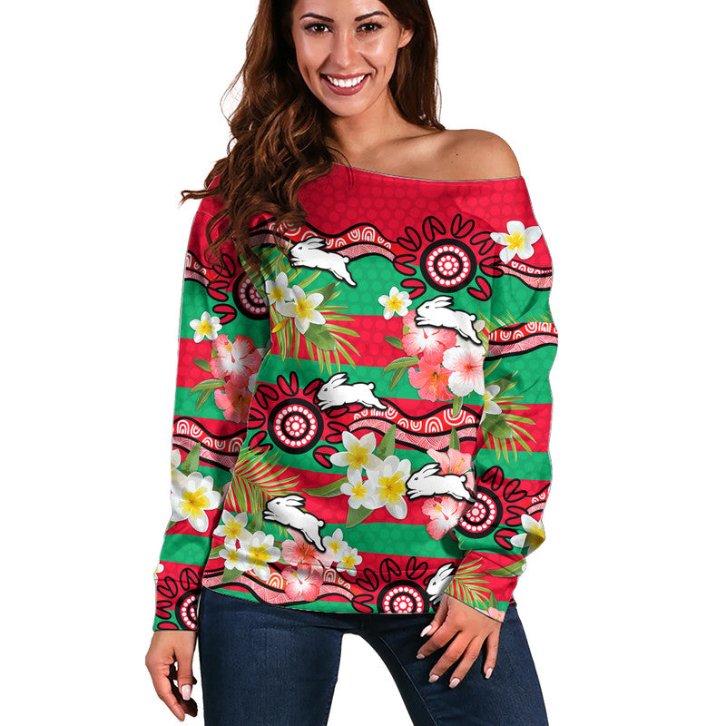 custom-personalised-rabbitohs-rugby-women-off-shoulder-sweater-tropical-flowers-and-palm-hawaiian-style