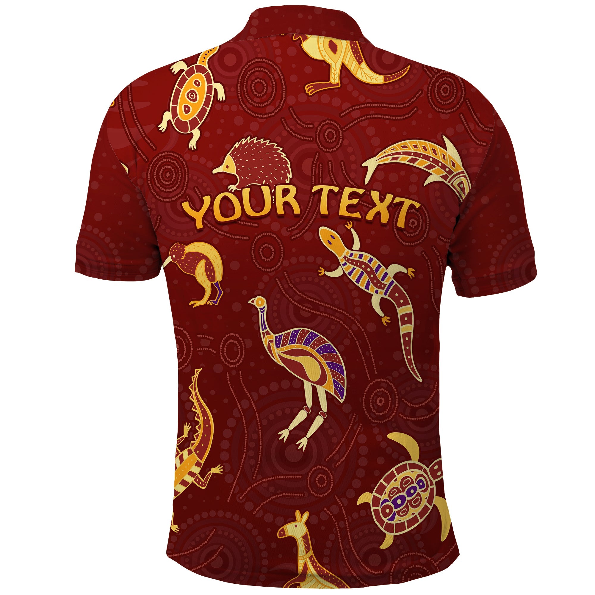 custom-personalised-aboriginal-art-polo-shirt-animals-australia-version-maroon