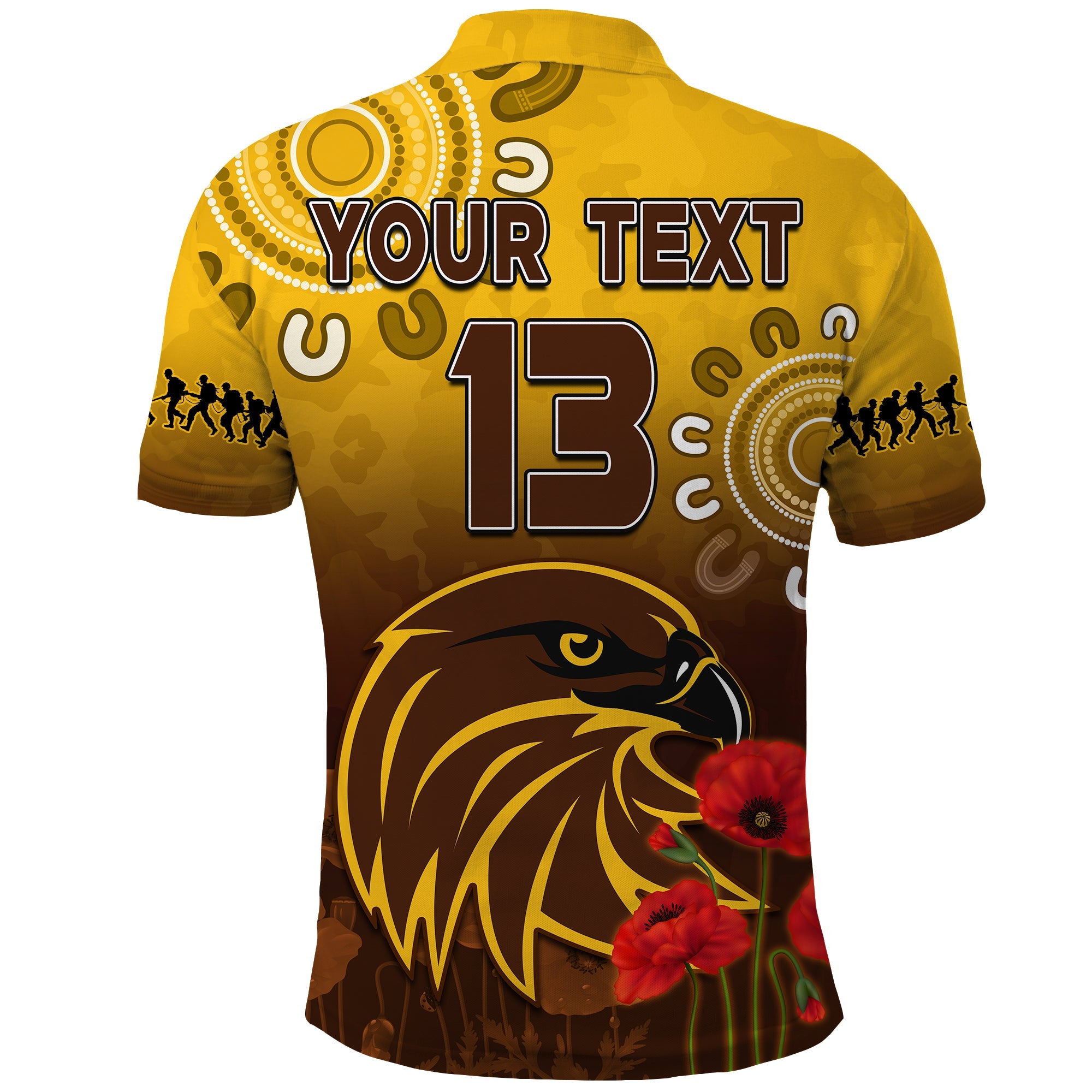 custom-text-and-number-hawks-anzac-2022-polo-shirt-hawthorn-football-aboriginal-poppy