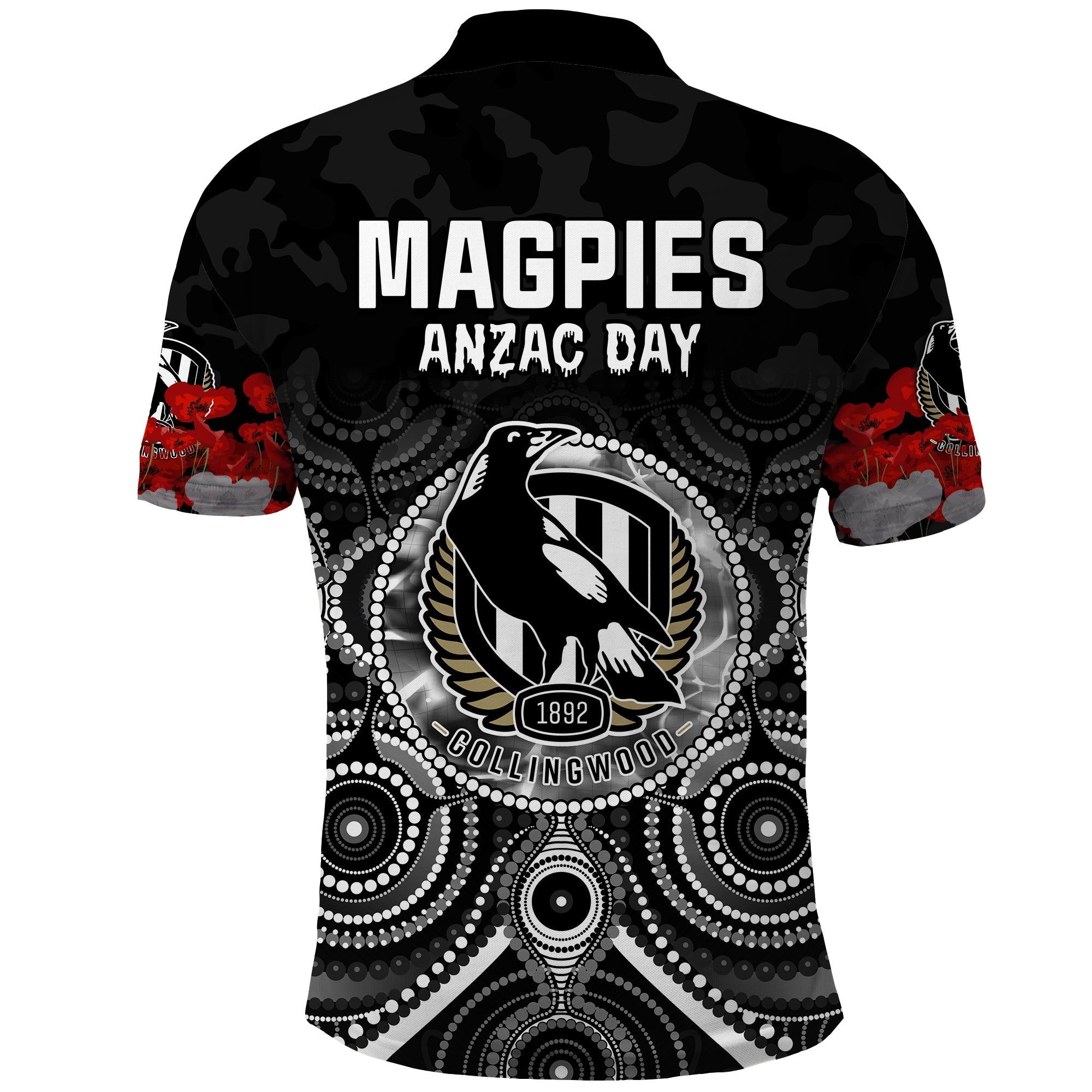 custom-personalised-magpies-anzac-2022-polo-shirt-collingwood-football-aboriginal-poppy-flowers