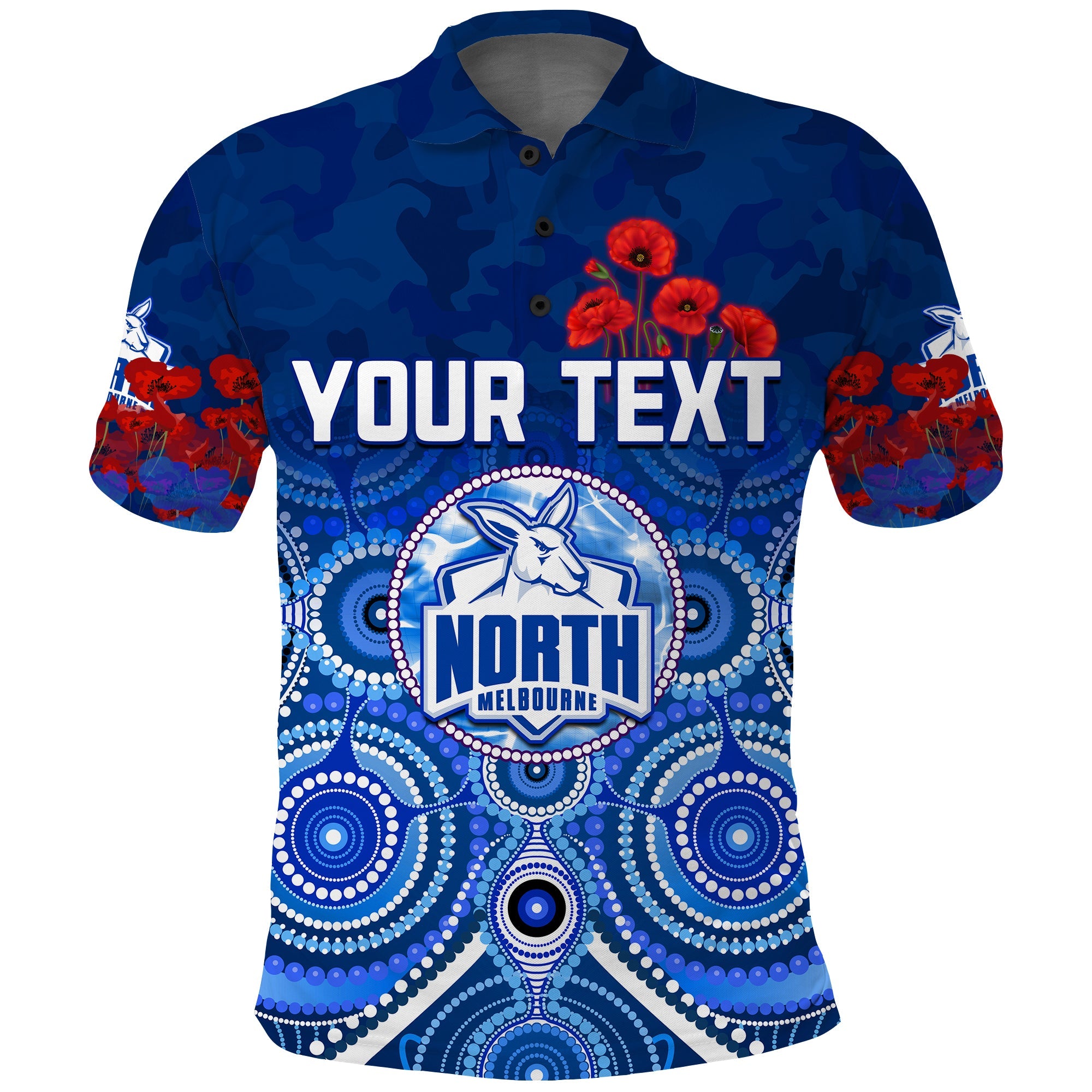 custom-personalised-kangaroos-anzac-2022-polo-shirt-north-melbourne-football-aboriginal-poppy-flowers