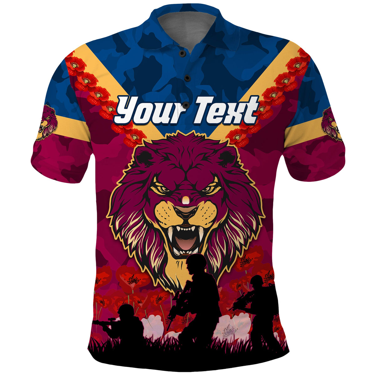 custom-personalised-lions-anzac-2022-polo-shirt-brisbane-brissie-poppy-flowers