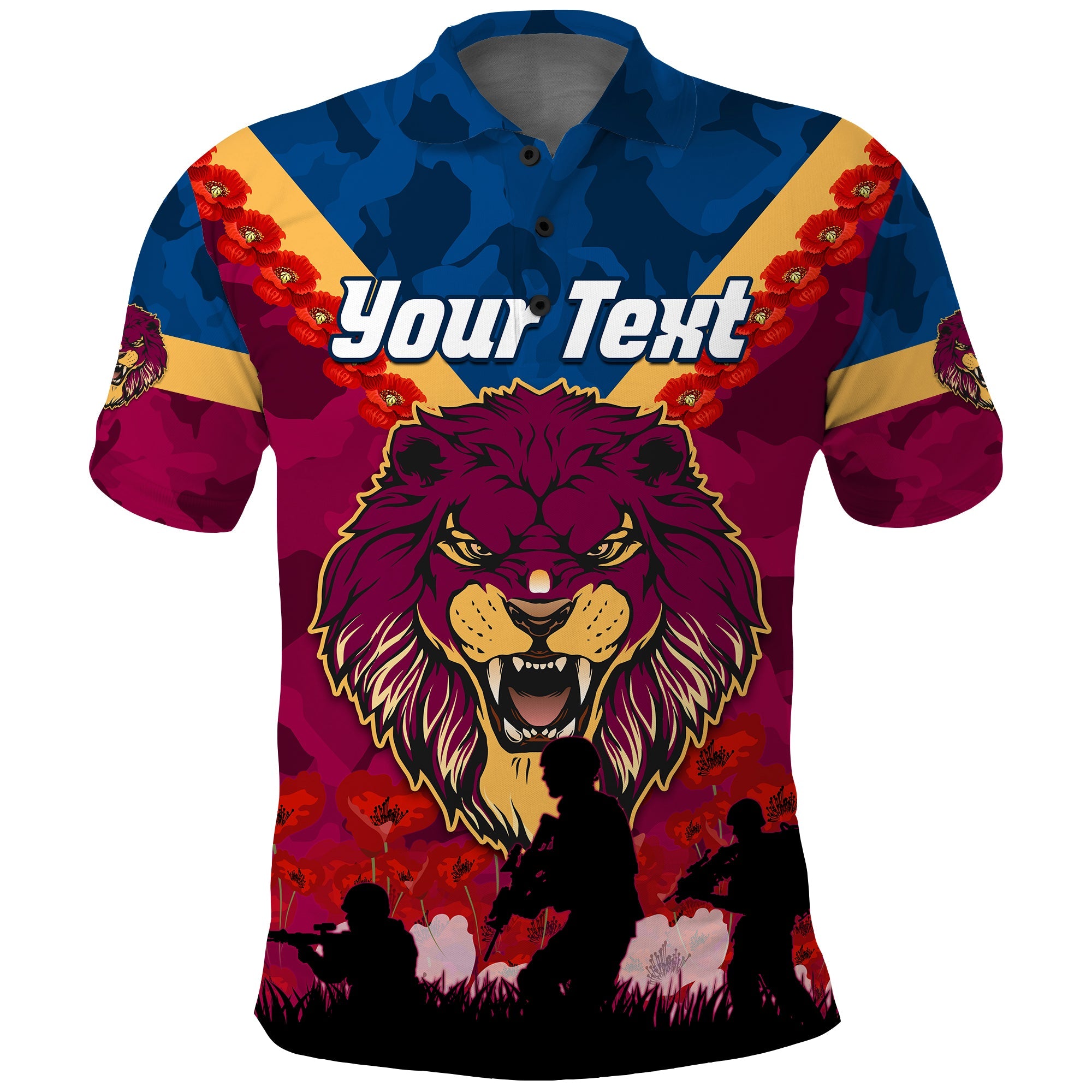 custom-personalised-lions-anzac-2022-polo-shirt-brisbane-brissie-poppy-flowers