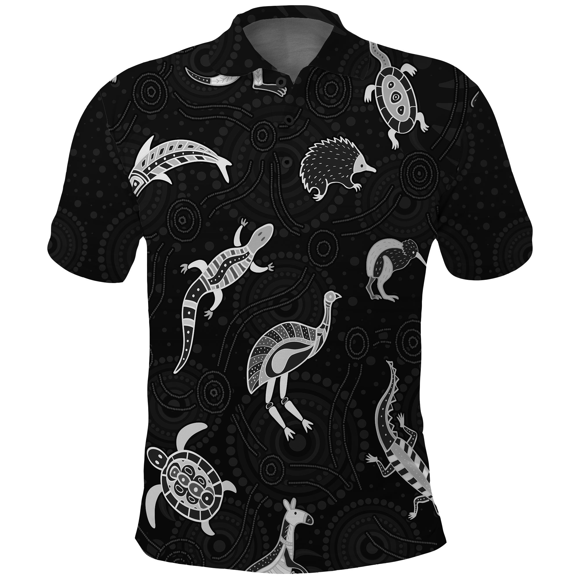 custom-personalised-aboriginal-art-polo-shirt-animals-australia-version-black