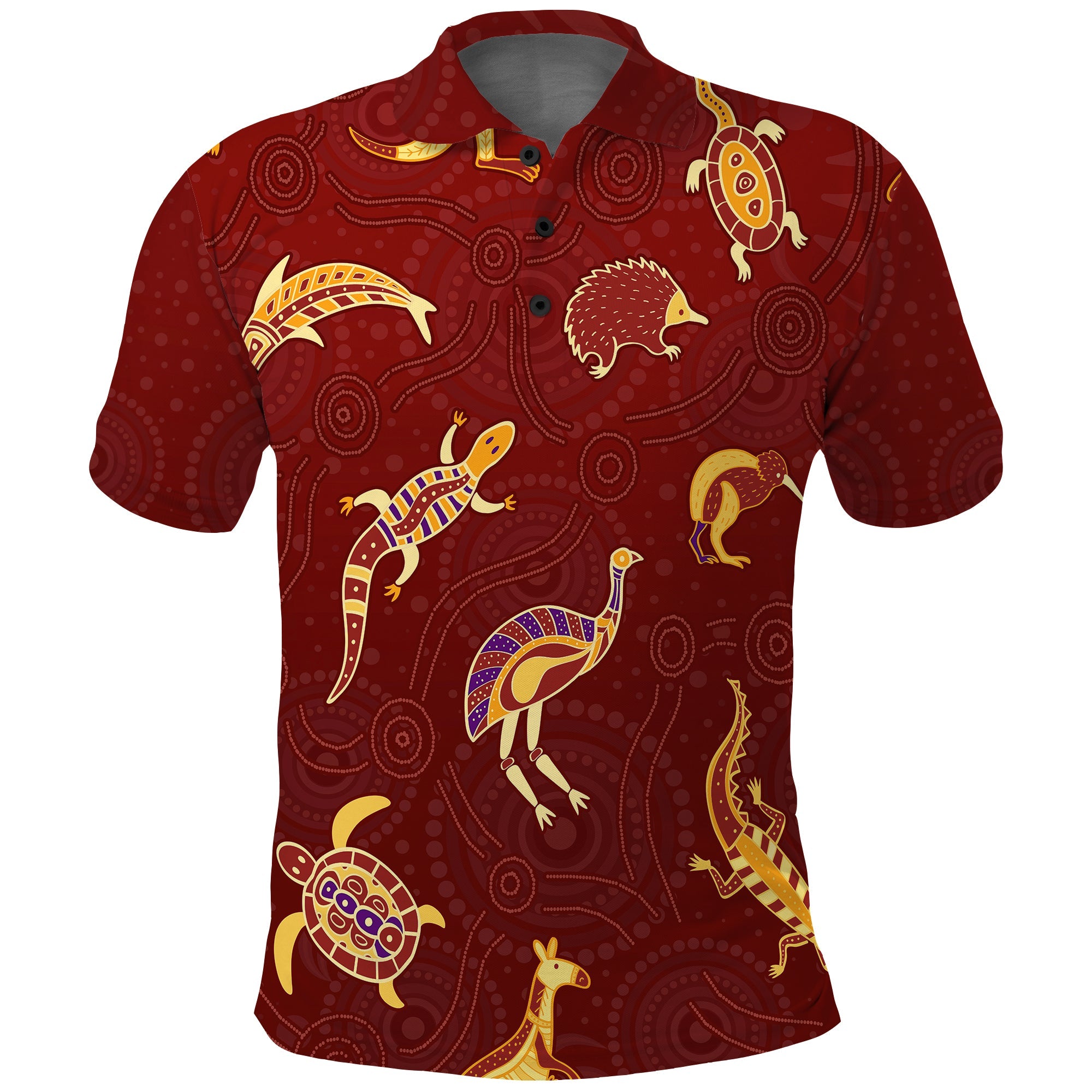 custom-personalised-aboriginal-art-polo-shirt-animals-australia-version-maroon