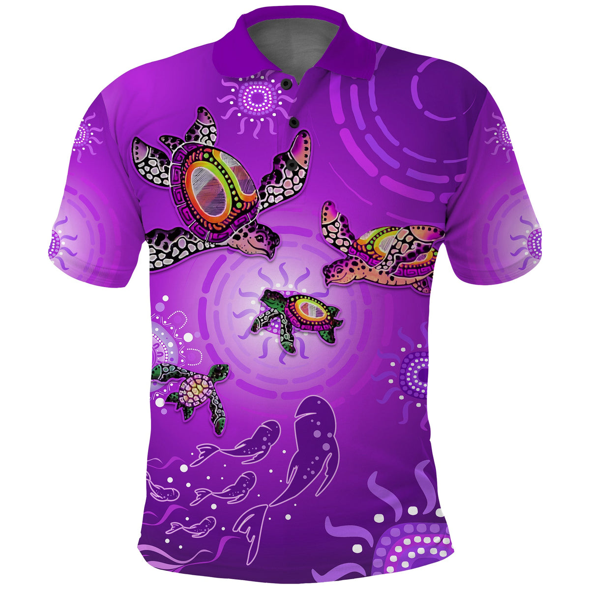australian-aboriginal-polo-shirt-happy-turtle-family-version-purple