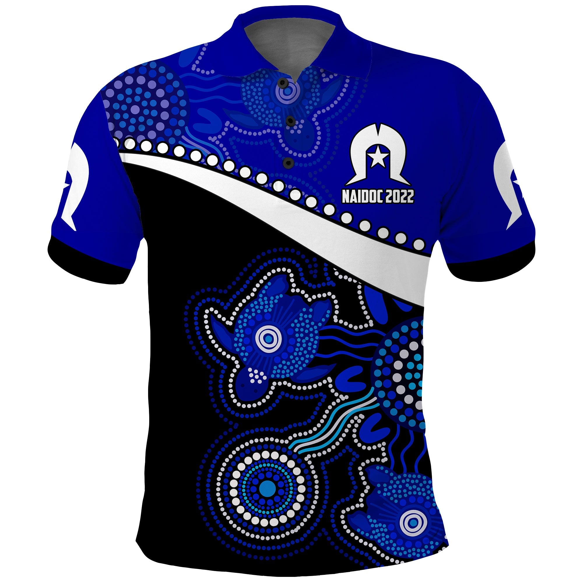 custom-personalised-naidoc-week-2022-polo-shirt-torres-strait-islander-version-blue-aboriginal-turtles