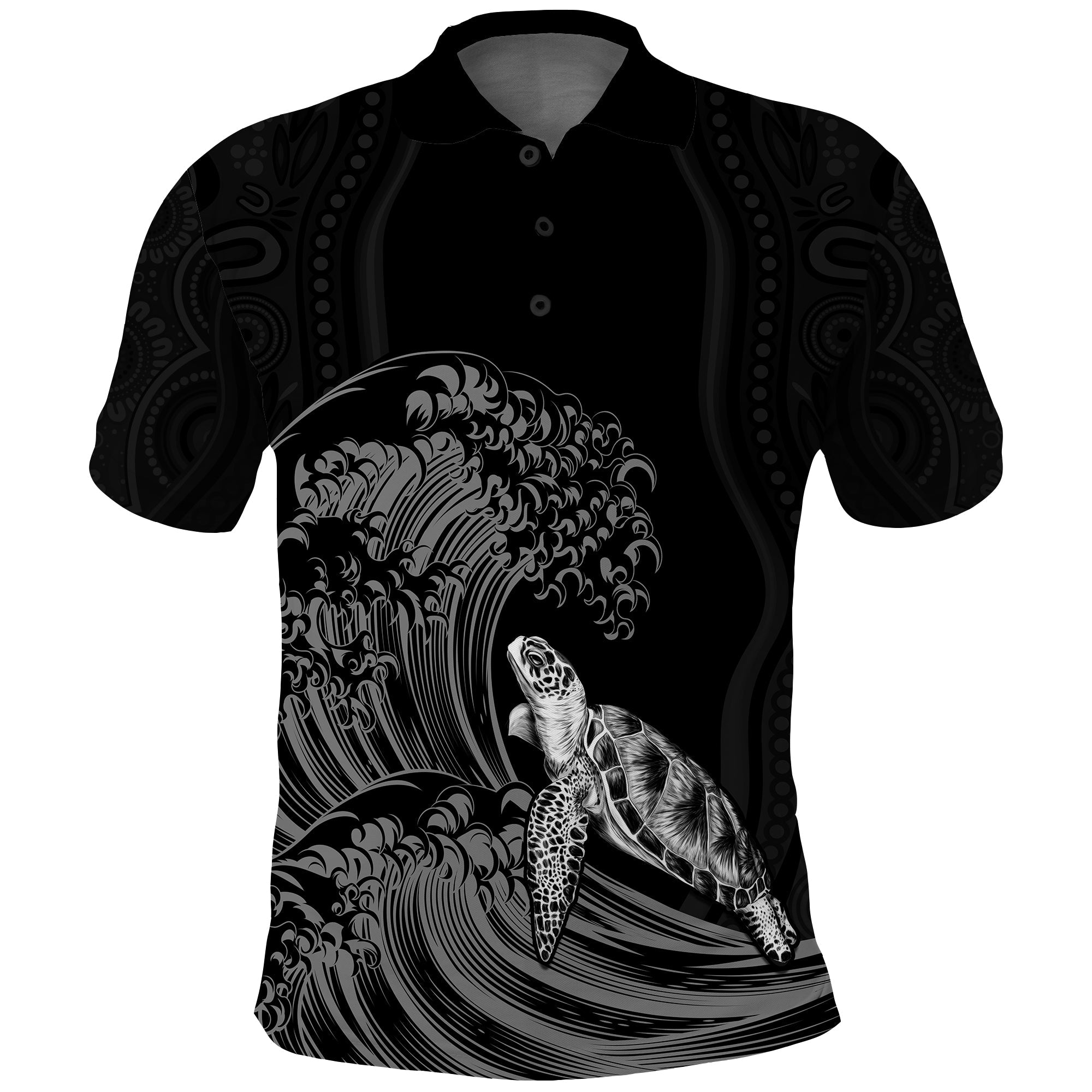 custom-personalised-torres-strait-islands-polo-shirt-the-dhari-mix-aboriginal-turtle-version-black
