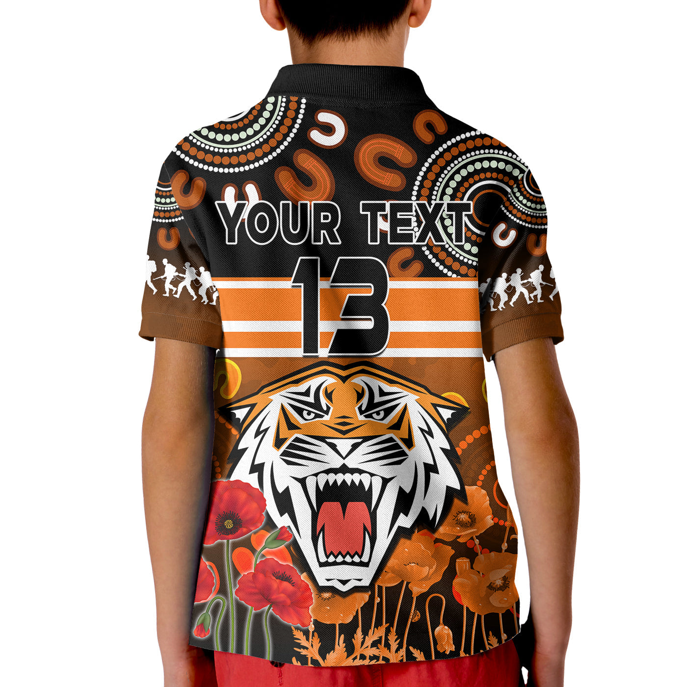 custom-text-and-number-wests-tigers-anzac-2022-polo-shirt-kid-aboriginal-lest-we-forget