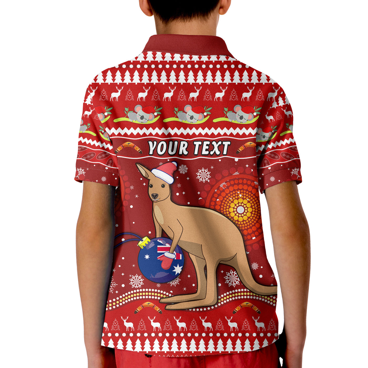 custom-personalised-australia-christmas-polo-shirt-kid-aboriginal-kangaroo