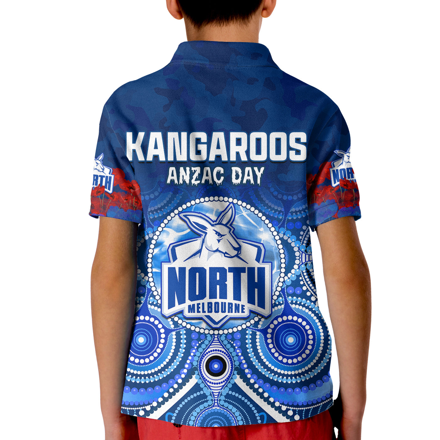 kangaroos-anzac-2022-polo-shirt-kid-north-melbourne-football-aboriginal-poppy-flowers