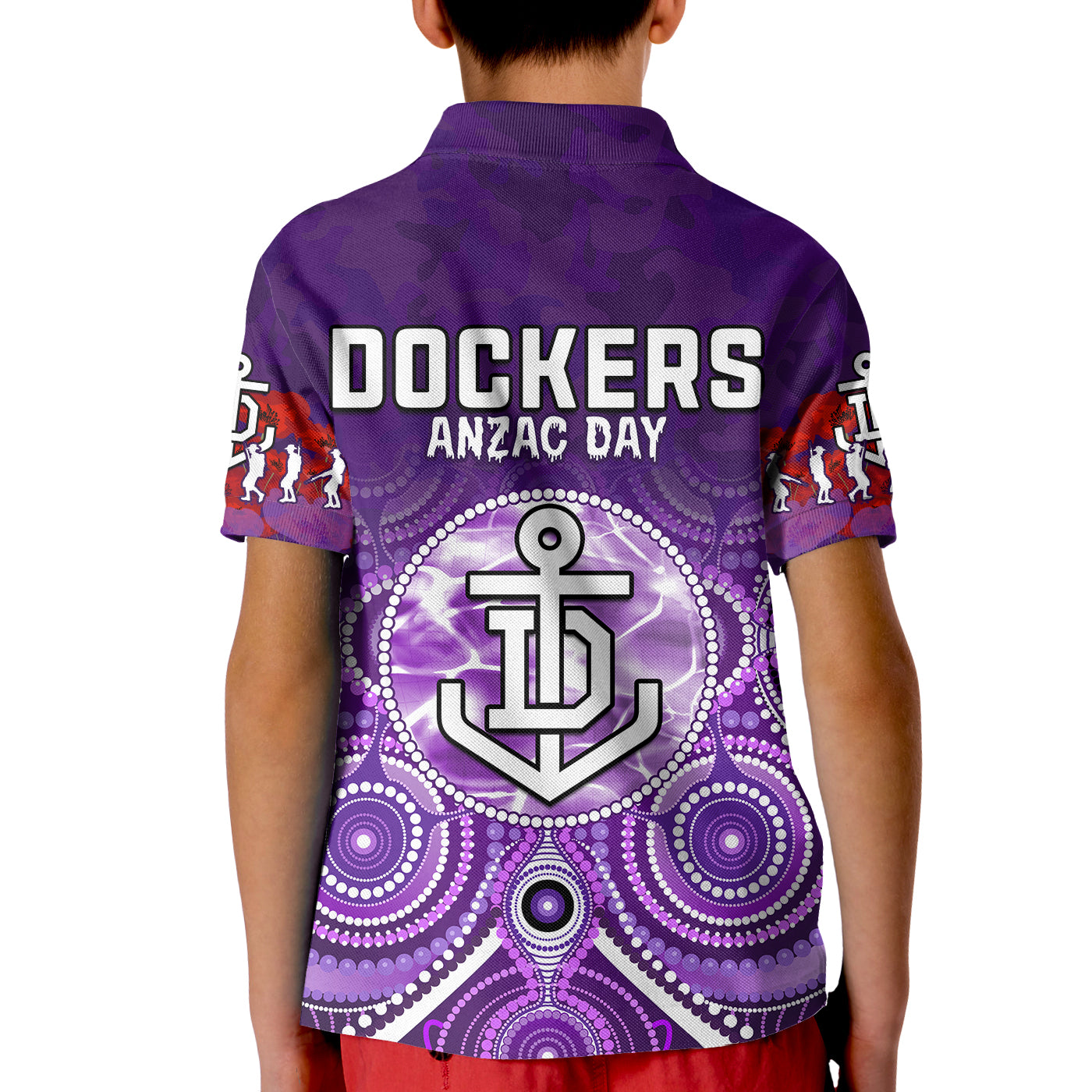 custom-personalised-dockers-anzac-2022-polo-shirt-kid-fremantle-football-aboriginal-poppy-flowers