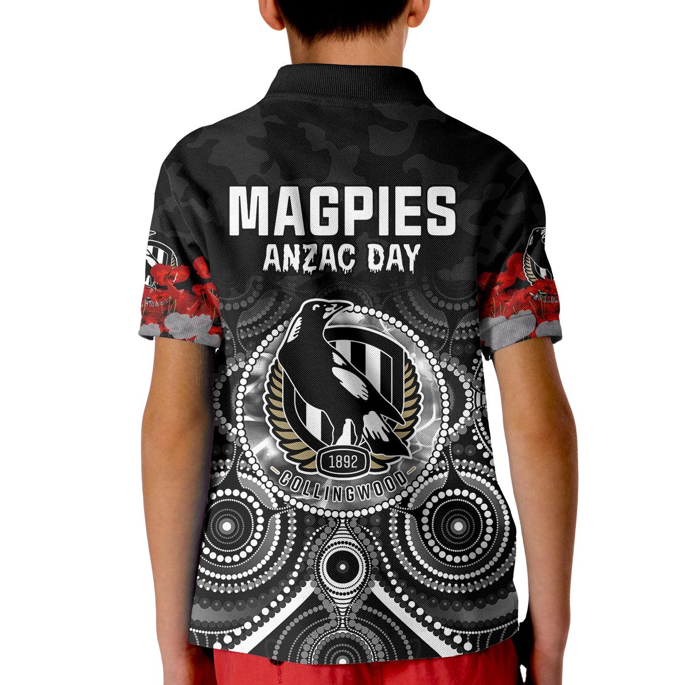 custom-personalised-magpies-anzac-2022-polo-shirt-kid-collingwood-football-aboriginal-poppy-flowers