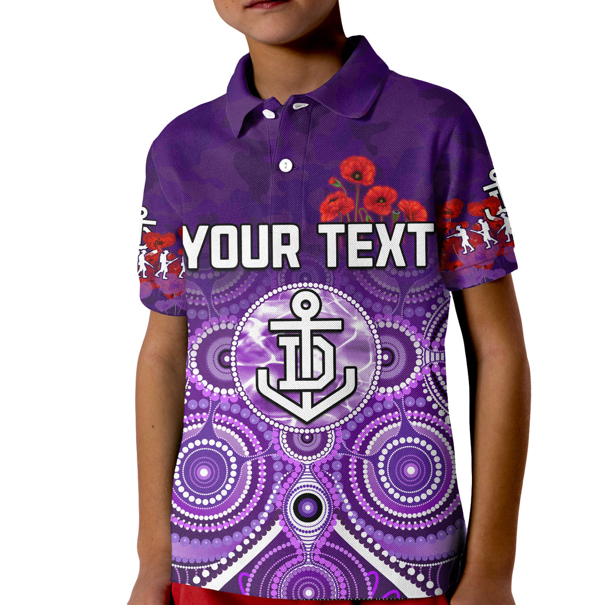custom-personalised-dockers-anzac-2022-polo-shirt-kid-fremantle-football-aboriginal-poppy-flowers