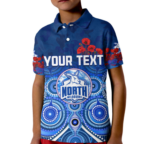 custom-personalised-kangaroos-anzac-2022-polo-shirt-kid-north-melbourne-football-aboriginal-poppy-flowers