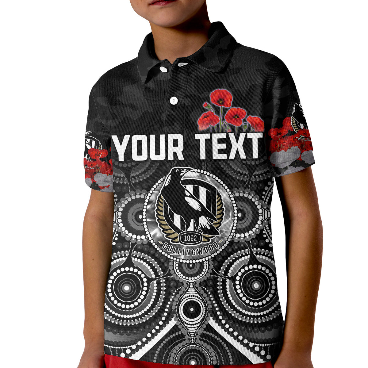 custom-personalised-magpies-anzac-2022-polo-shirt-kid-collingwood-football-aboriginal-poppy-flowers