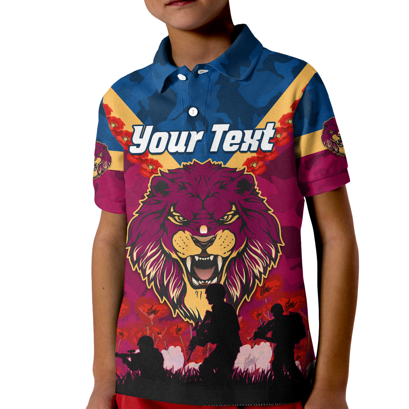 custom-personalised-lions-anzac-2022-polo-shirt-brisbane-brissie-poppy-flowers