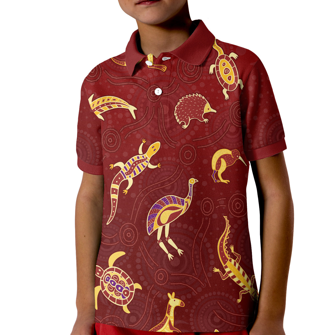 aboriginal-art-polo-shirt-kid-animals-australia-version-maroon
