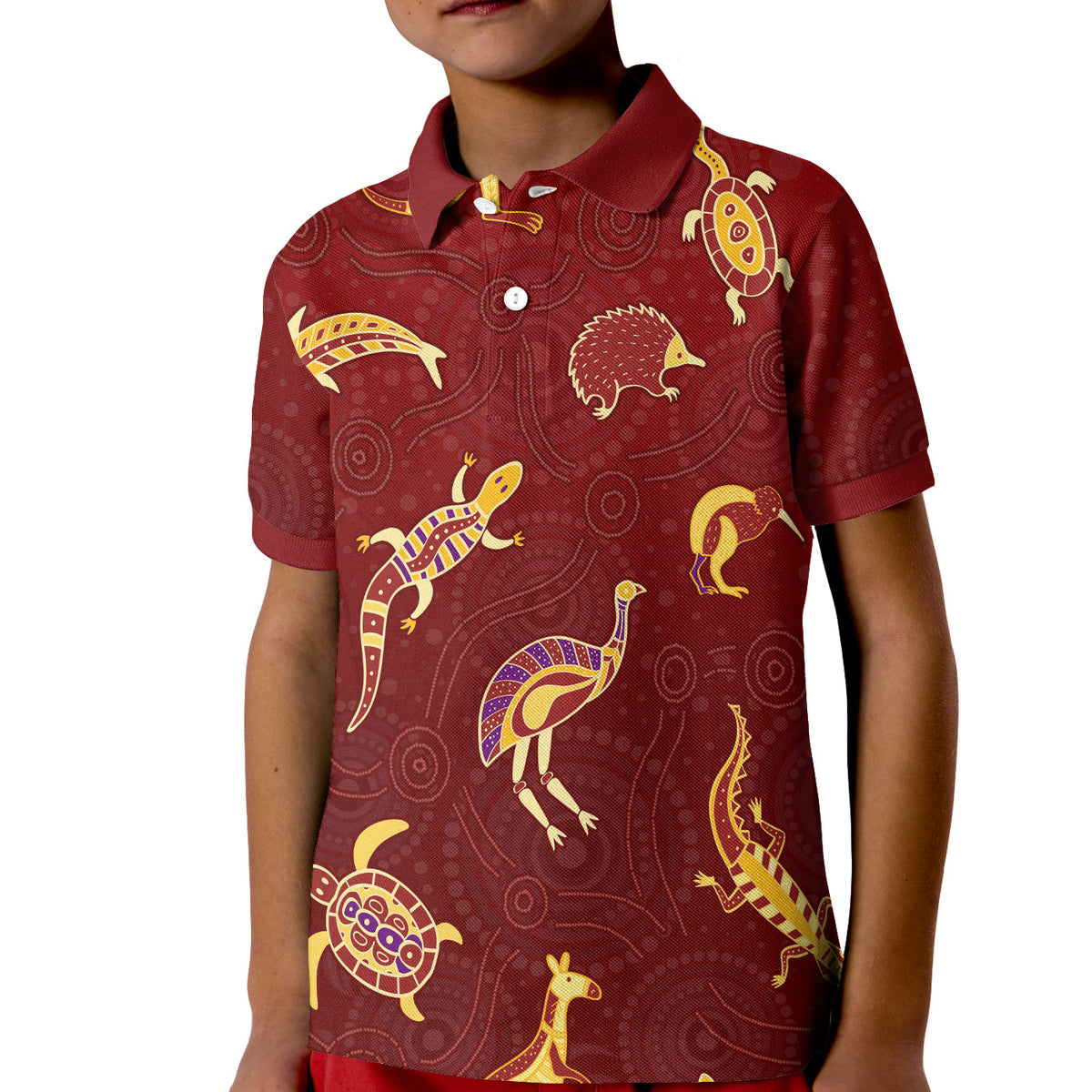 aboriginal-art-polo-shirt-kid-animals-australia-version-maroon
