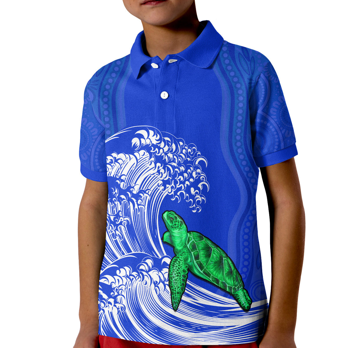 torres-strait-islands-polo-shirt-kid-the-dhari-mix-aboriginal-turtle-version-blue