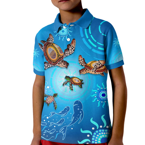 australian-aboriginal-polo-shirt-kid-happy-turtle-family-version-blue
