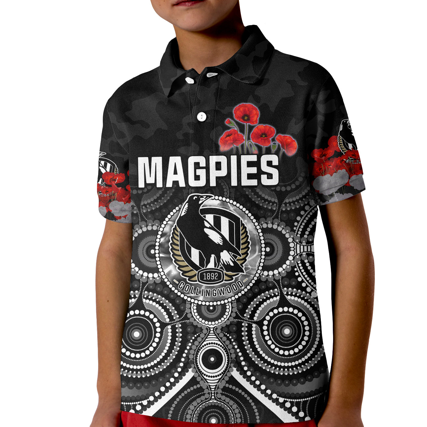 magpies-anzac-2022-polo-shirt-kid-collingwood-football-aboriginal-poppy-flowers
