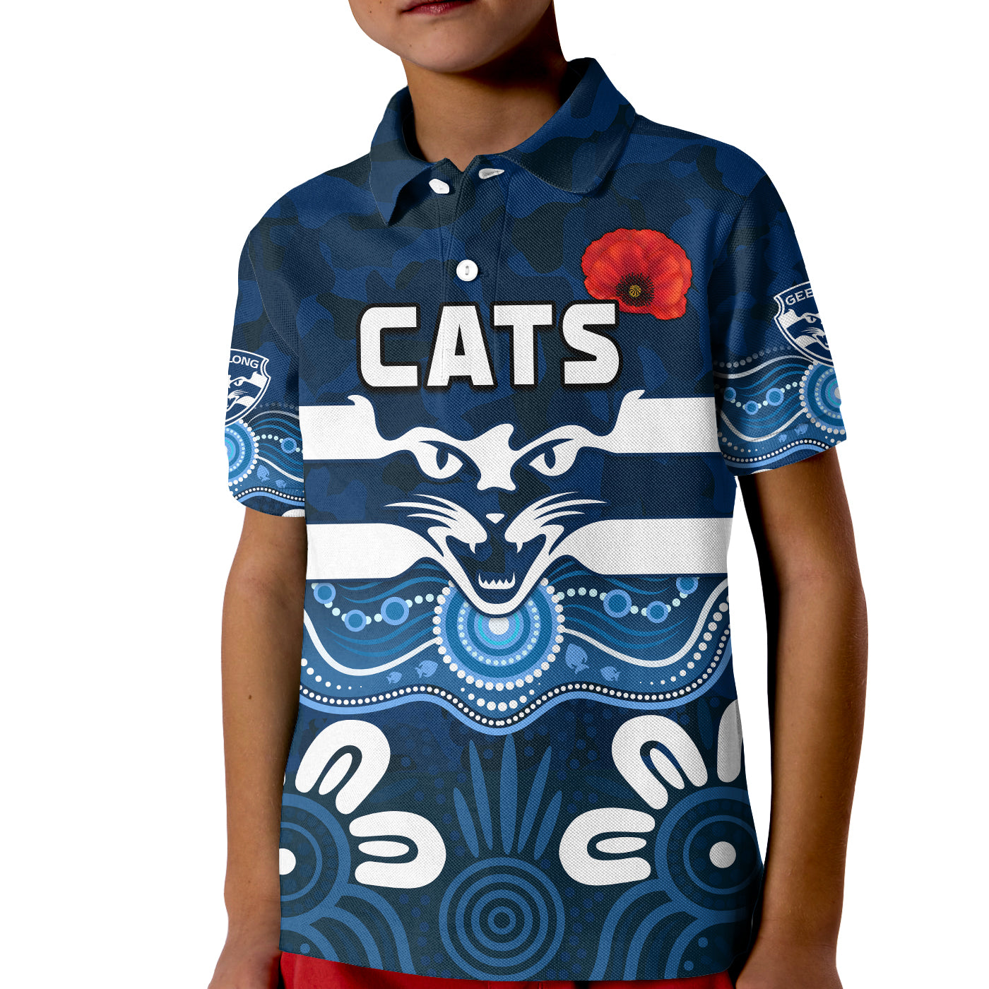 cats-anzac-2022-polo-shirt-kid-geelong-football-aboriginal-poppy