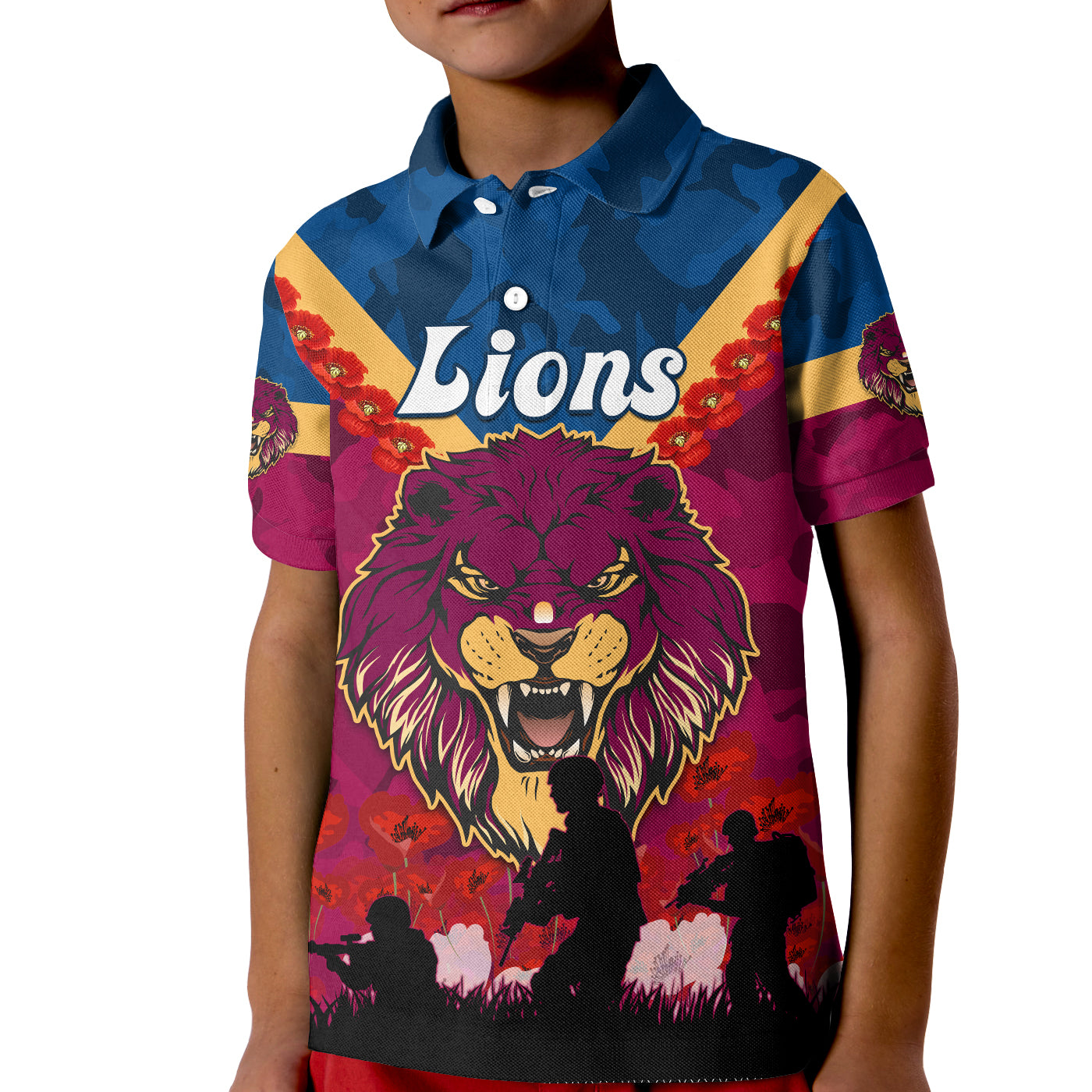 lions-anzac-2022-polo-shirt-kid-brisbane-brissie-poppy-flowers