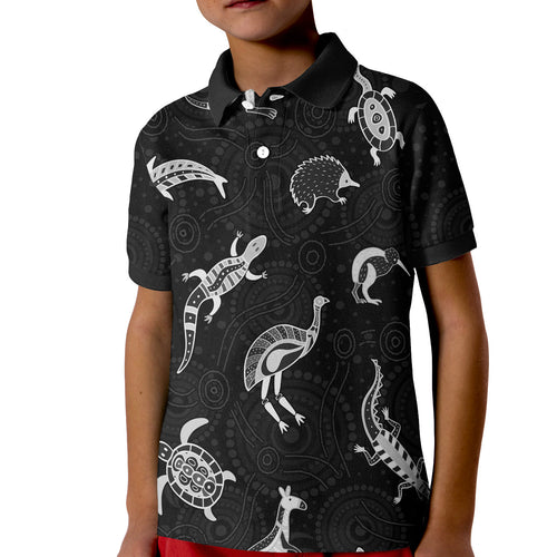 custom-personalised-aboriginal-art-polo-shirt-kid-animals-australia-version-black